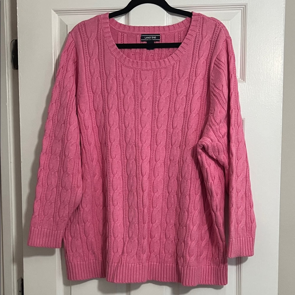 Land’s End Women’s Plus Size Cotton Cable Crewneck Sweater in Pink size 3X
